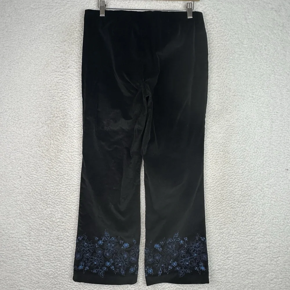 Sigrid Olsen Sport Black Velvet Pants Wide Leg Floral‎ Embroidery Hem Petite 8P